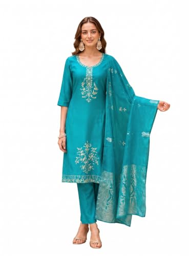 Image of Womens Zardozi Floral Embroidered Kurta with Pant and Heavy Jacquard Border Dupatta Set