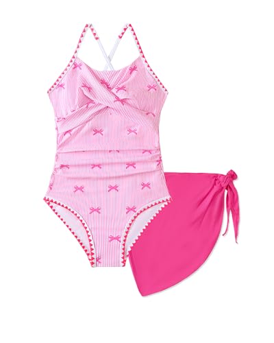 Girls Swimsuit Criss Cross Ruched One Piece Bathing Suit with Solid Color Cover Up Skirt Adjustable Straps Swimwear 13-14Y
