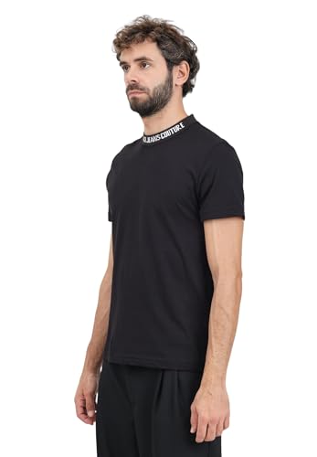 VERSACE JEANS COUTURE Camiseta de manga corta negra para hombre con logotipo institucional en el cuello redondo, Negro , XXL