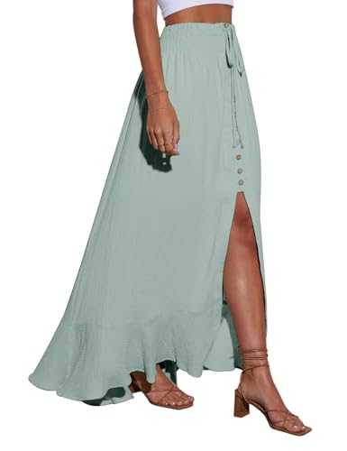 Image of Minclouse Women's Elastic Tie Waist Button Down Maxi Skirts Casual Loose Flowy Swing Slit Front Dress