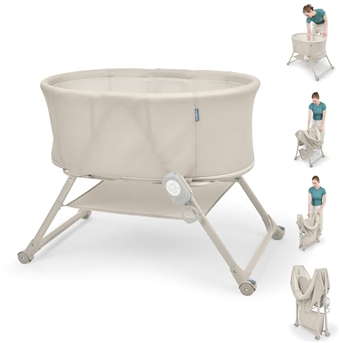 Ingenuity Cuna Snooze & Stow con Sonido, Luz y Vibración, Cuna Portátil para Bebé con Plegado con Una Sola Mano, Laterales de Malla, Balda de Almacenamiento y Ruedas.