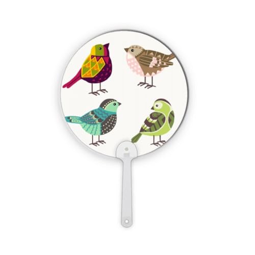 Ventilateur portable rond aux motifs oiseaux colorés avec structure plastique robuste