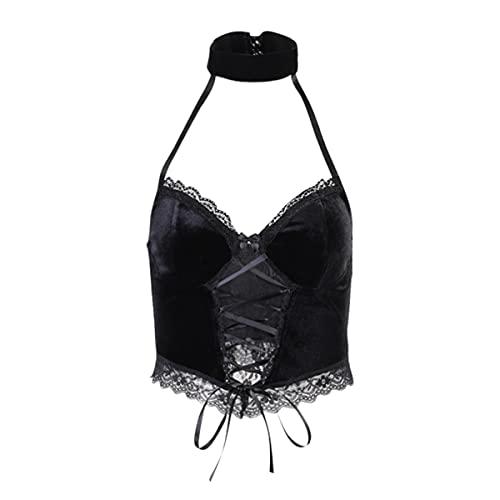 Image of Black Gothic Shirt Camisole Spaghetti Strap Tank Top Backless Y2K Clothing E-Girl Ruffle Tops