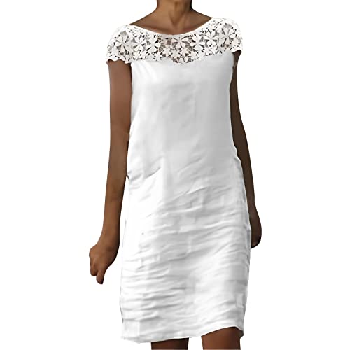 Robe courte femme été en coton et lin fluide au motif élégant et col bateau