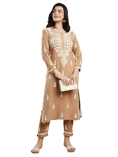 Image of BHARVITA Women's Cotton Blend Lucknowi Embroidered Chikankari Straight Kurta, with Pant Set