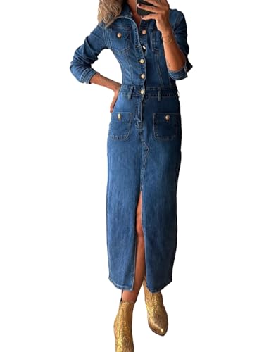 Conshvi Denim Dress for Women Trendy Long Sleeve Button Down Denim Maxi Dress 2025 Fall Bodycon Slit Long Jean Dresses