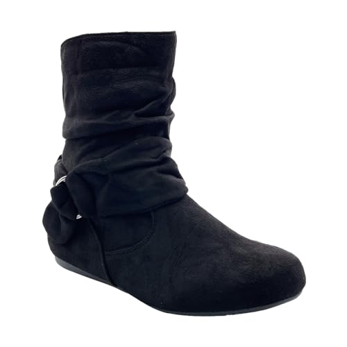ABSOLEX Women Suede Fashion Slouch Mid Calf Low Heel Casual Slip On Ankle Bootie