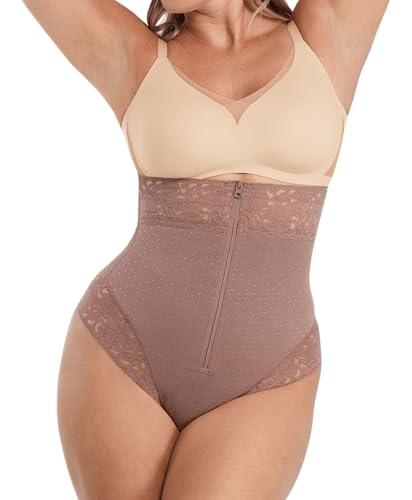 Image of SHAPELLX Tummy Control Shapewear for Women High Waisted Shaping Thong Faja | Hook zipper closure, high waist, airslim, under dress, no panty lines, no rolling, breathable mesh, for daily wear, formal