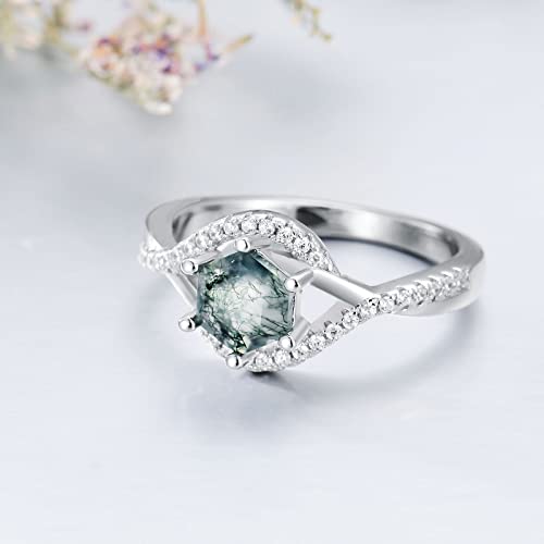 Platyco 1Ct Natural Moss Agate Ring 925 Sterling Silver Hexagon Shaped Moss Agate Engagement Ring Unique Promise Rings Valentine's Day Gift For Women (Size 7) #TOP3