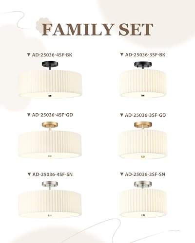 Image of Semi Flush Mount Ceiling Light, 3-Light 12.5 inch Matte Black Ceiling Light Fixture with White Pleated Fabric Shade, Drum Lamp for Nursery Hallway Bedroom Kitchen, AD-25036-3SF-BK