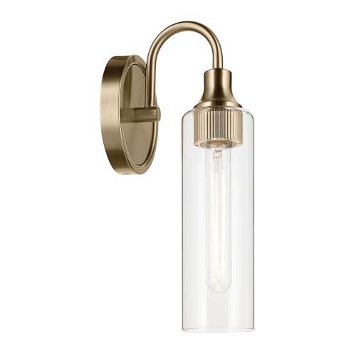 Image of Kichler Kavi 1-Light Bathroom Wall Light, Champagne Bronze | Damp-rated wall light with clear glass for baths and hallways (5 inch x 13 inch), 55209CPZ