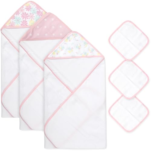 Image of Jessica Simpson Baby 6-Piece Hooded Towel & Washcloth Set - Soft Polyester Hooded Towels + Matching Washcloths (Pink Floral Multi)