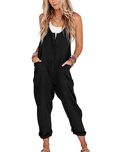 Image of Yeokou Womens Overalls Linen Cotton Jumpsuits Loose Casual Jumpers with Pockets