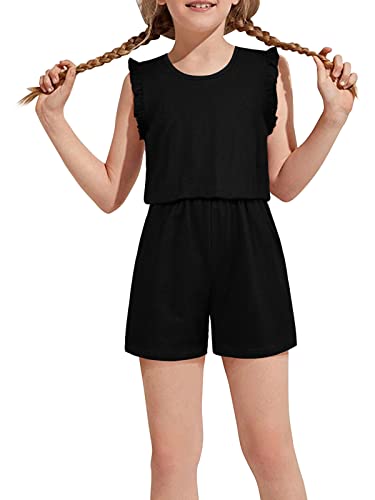 Kimoda Girls Rompers Size 10-12 Black Ruffle Sleeve Jumpsuits With Side Pockets One Piece Summer Outfits For Girl #TOP2