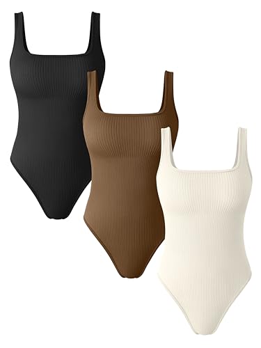 OQQ Women's 3 Piece Bodysuits Sexy Ribbed Square Neck Basic Stretch Tank Tops Bodysuits Black Coffee Beige