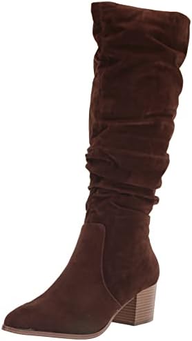 Amazon Essentials Women's Tall Block Heel Boots, Wide Calf Available, Memory Foam Insole, Dark Toffee Brown, 9 Wide