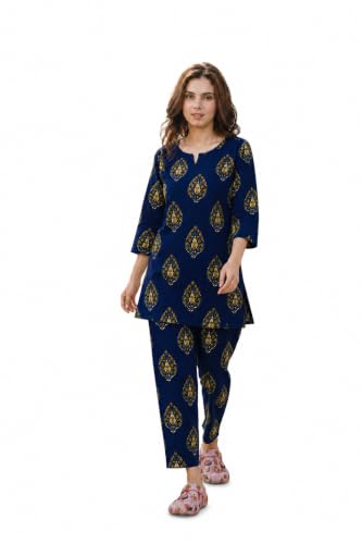 Image of Women's Cotton Night Suit Set, Printed Top and Pyjama, Casual Loungewear Sleepwear for Womens Girls