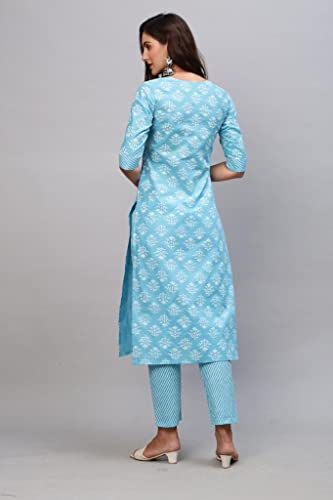 Image of GoSriKi Women's Cotton Blend Printed Straight Kurta With Pant