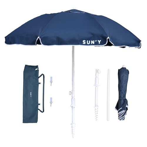 SUN'Y ESCAPES Beach Umbrella 6.5ft - Wind Resistant with Sand Anchor & Tilt, UPF 50+ Recycled Ocean Bound Fabric Canopy - Portable with Carry Bag