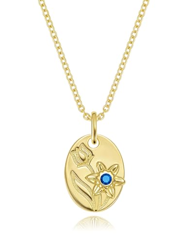 14k Gold Plated Birth Flower Necklace for Women, 925 Sterling Silver Oval Medal Pendant with Birthstone, Minimalist Floral Charm Jewelry, Anniversary Birthday Gift for Her Mom Wife Friends