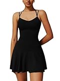 OMEWEE Sportkleider Damen Tenniskleid mit Integrierten BH und Shorts Ärmelloses Golf Kleider Rückenfreies Yoga Athletic Trainingskleid mit Taschen Schwarz S