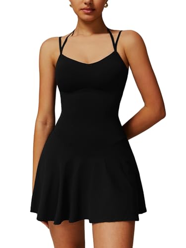 OMEWEE Women's Tennis Dress with Shorts and Built in Bra Sweetheart Neck Sleeveless Golf Dress Activewear Exercise Sports Dresses with Pockets Black M