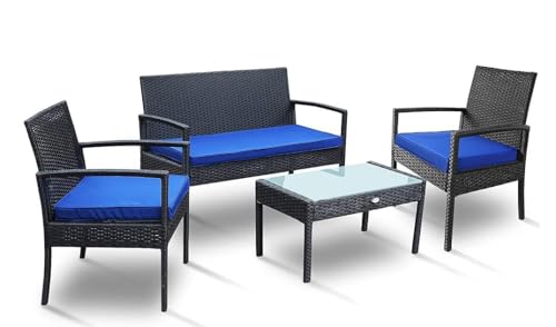 Image of PRATHAM India Outdoor Indoor 4 Piece Patio Furniture Sofa Set Conversation Set Waterproof with Washable Soft Cushion and Center Table Wicker for Balcony and Gardens