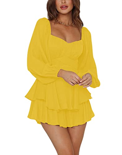 Image of LYANER Women's Jumpsuit Lantern Long Sleeve Ruffle Layer Tie Mini Short Romper
