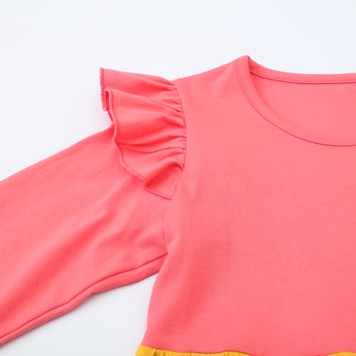 Image of Girl Long Sleeve Dress Ruffle Rainbow Color Block Cotton Casual Tiered Pleated Twirly Dress