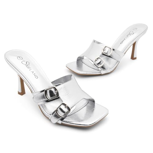 Image of Shoe Land Melrose Women's High Heels Stiletto Heeled Slides, Square Open Toe One Band Slip-On Heeled Mules - Dressy Clear Heeled Sandals for Prom Party Wedding and Vacation