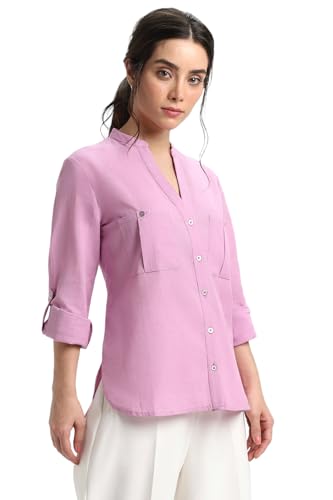 Image of DL Woman Women's Stylised Shirt Style Top with Roll Up Sleeves, Regular Fit Solid