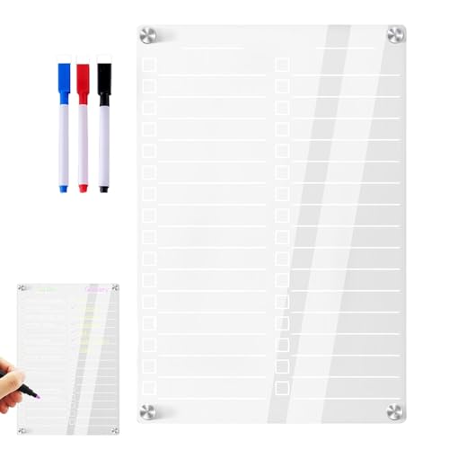 Pizarra blanca magnética para frigorífico – Pizarra de borrado en seco de acrílico, planificador de nevera transparente | Rotulador acrílico reutilizable – Tablero con 3 marcas de color, pizarra de