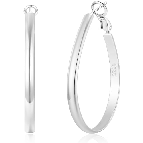 RANKEEF 4MM De Large Grande Argent Sterling Boucles d'oreilles de Creole Ovale Pour Femmes Hypoallergéniques S925 Post Grandes Boucles d'oreilles Créoles Léger Gros...