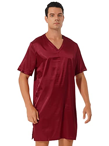 CHICTRY Men's Nightshirt Satin Nightwear Comfy V Neck Short Sleeve Soft Loose Pajama Sleep Shirt2