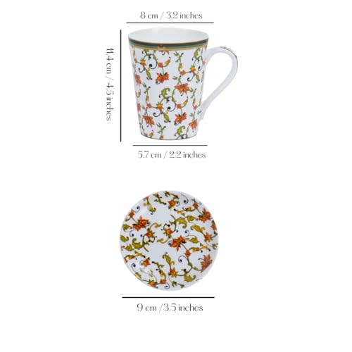 Image of GOLDEN QUEEN'S Mugs & Coaster Set of 2 for Coffee, Tea, Milk - Ideal for Your Daily Beverage Ritual, Hosting & Casual Gatherings | 300ML | Micorwave Safe - Chinar Bloom