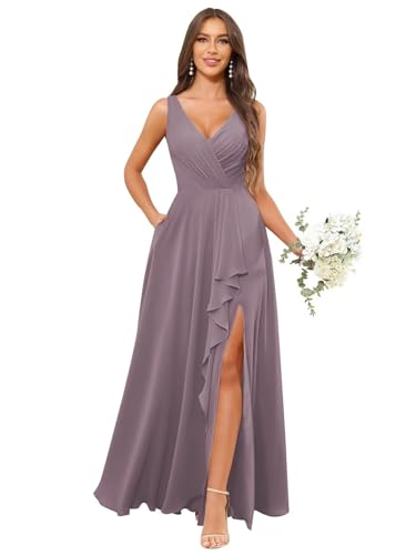 Image of HANVAIOS Long Chiffon V Neck Bridesmaid Dresses for Women Formal Dress with Pocket