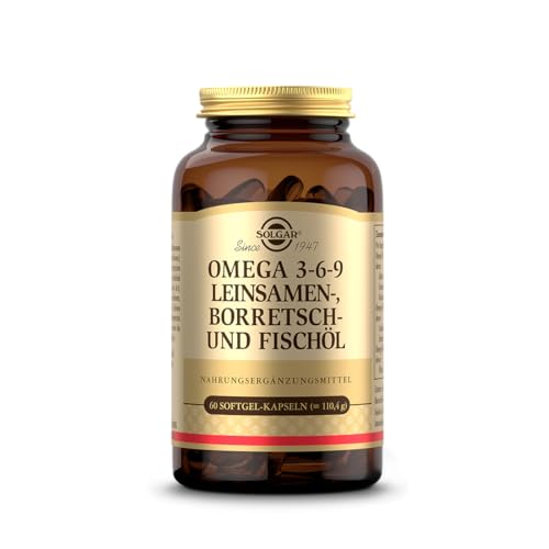 SOLGAR® OMEGA 3-6-9 | Ausgewogenes Verhältnis von Omega-3-, 6- und 9-Fettsäuren aus Leinsamen-, Borretsch- und Fischöl | 60 Softgel-Kapseln für 20 Tage