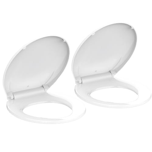 Round Toilet Seat, Slow Close Toilet Cover Seat for Easy Clean and Stain-Resistant, Plastic Toilet Seat With Cover, Quick-Release Hinges and Quick-Attach Hardware,White (2 Piece)