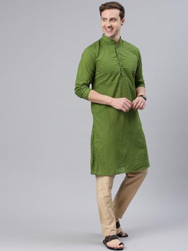 Image of Majestic Man Men's Cotton Blend Regular Fit Casual Polyester Mandarin Collar Ethnic Motifs Embroidered Long Regular Kurta