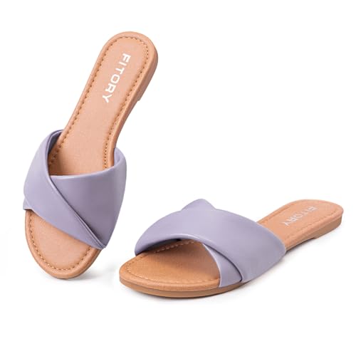 Image of FITORY Women's Flat Sandals Fashion Slides With Soft Leather Slippers for Summer Size 6-11