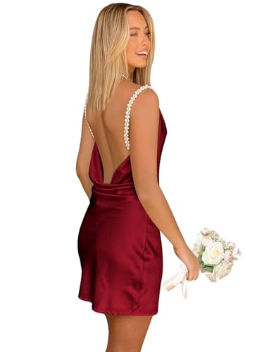Short Satin Homecoming Dresses for Teens 2025 Backless Cowl Neck Prom Cocktail Dress with Pearl Straps