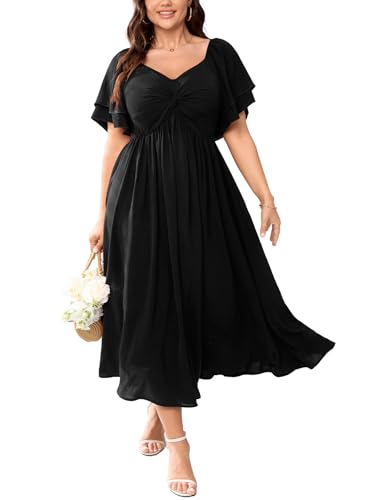 SCOMCHIC Women's Plus Size Wedding Guest Cocktail Dresses Sweetheart Neckline Ruffle Sleeve A Line...