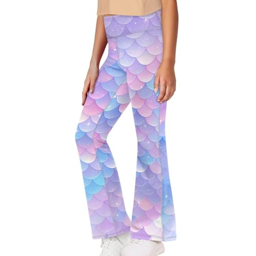 Mermaid Scales Leggings for Girls Stretch High Waist Tummy Control Workout Dance Bootcut Yoga Pants 7-10 Years