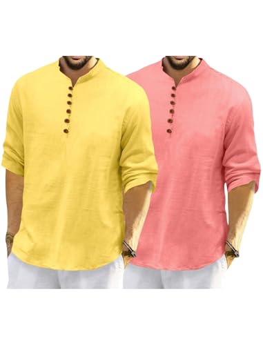 Image of Macsivo Men's Cotton Blend Kurta with Solid Band Collar Full Sleeve Button Closure Regular Fit Curved Hem Length | Kurta for Man | Combo Pack of 2