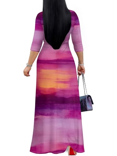 Image of Women's V Neck Floral Maxi Dress 3 /4 Sleeve Plus Size Boho Wrap Flowy Long Dresses with Belt