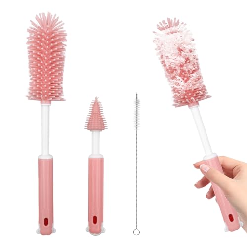 Breast Pump Cleaning Brush Kit,Bottle Brush Washer Set for Breast Pumps,3 in 1 Baby Bottle Nipple Pump Parts Cleaner Compatible with Momcozy,Medela,NCVI,Lansinoh and More Brands (Pink)