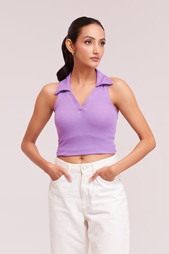 Image of BERRY BIRD Stylish Sleeveless V-Neck Slim Fit Collar Ribbed Knit Tank Crop Tops for Women & Girls Beach and Gym Wear and Western Trendy Fashion