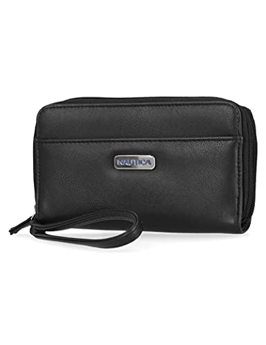 Nautica On The Double Zip Around Vegan Leather Womens RFID Clutch Wallet With Wristlet Strap, Black