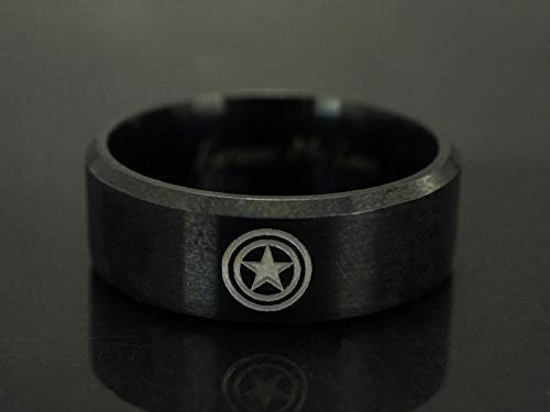 Miniatura 2 de Captain America jewelry Ring, Super Hero Ring, Personalized symbol Ring, Engraved Ring, Stainless Steel Ring, Black IP Beveled Edge Band