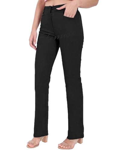 femiss Straight Fit Trouser for Women's High Waist Stretch Comfy Ladies Office Work Pants Girls Teens School Straight Leg Everyday Trousers with Pockets (SQ-Black-8)